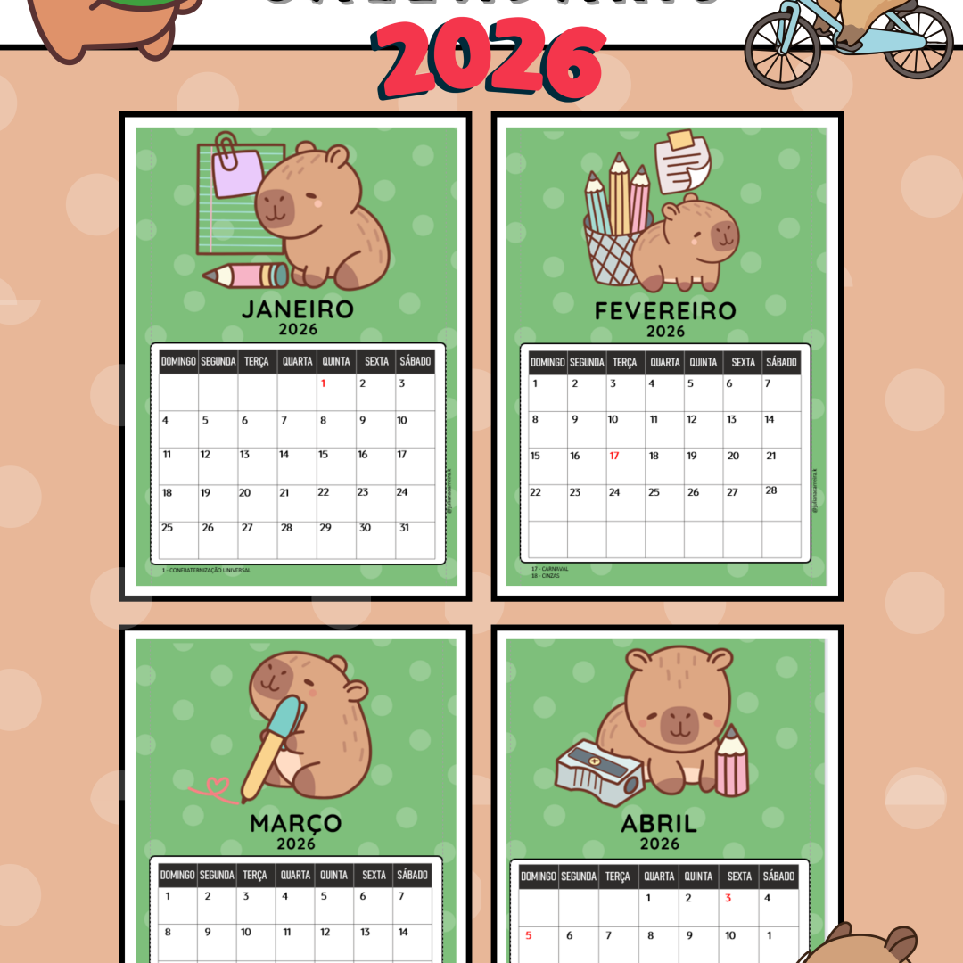 Calendário 2026 Tema capivara